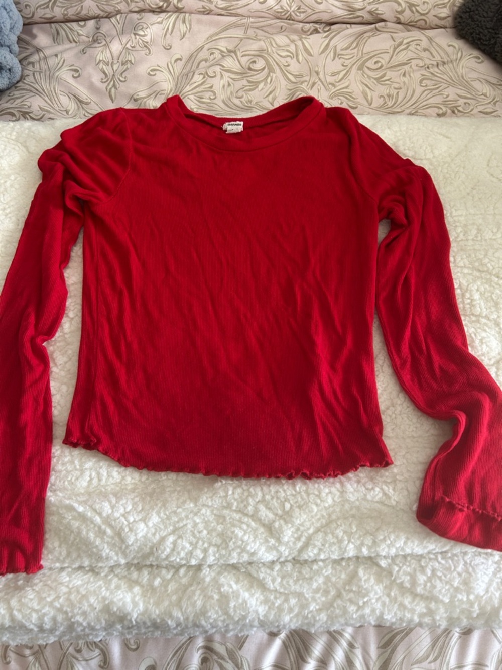 Garage Red Ribbed Long Sleeve Lettuce Hem Tee